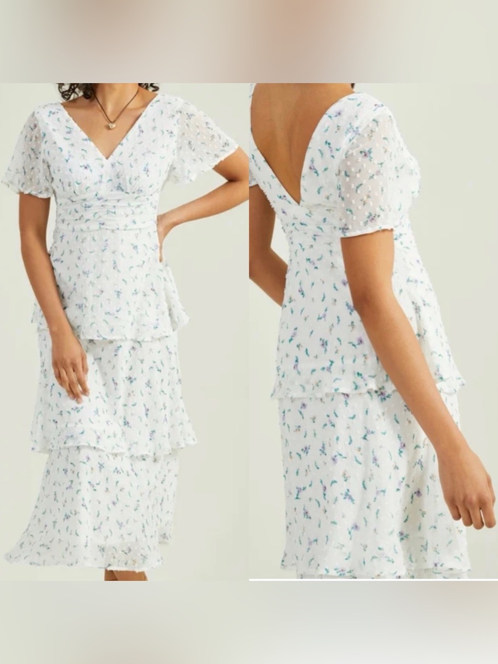 ALTAR’D STATE • White Floral Tiered V-Neck Midi Dress pindot medium